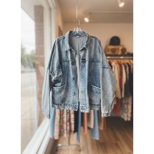 Vtg Gravity Acid Wash Denim Jacket Oversized Blue Trucker Jean Coat L